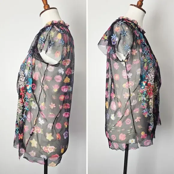 Johnny Was Floral Embroidered Black Mesh Short Sleeve Blouse Boho Whimsigoth - Picture 3 of 10